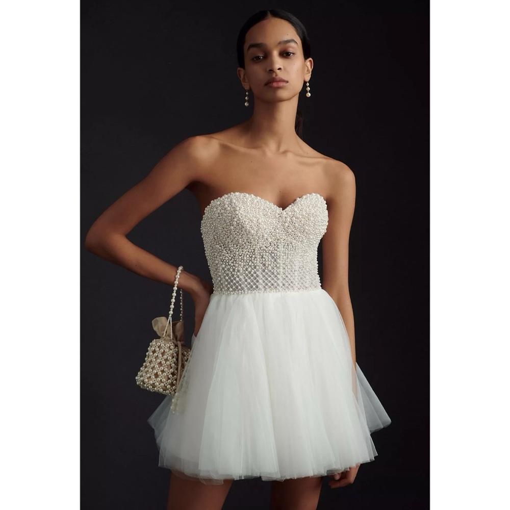 NWT Wtoo by Watters Maeve Strapless Pearl Embellished Corset Mini Dress White 4